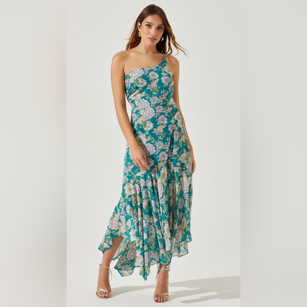 Emmylou Floral One Shoulder Midi Dress - Green purple floral / XS